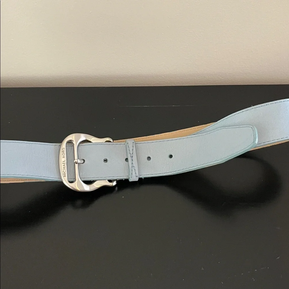 Michael Kors Dusty Blue Leather Belt with Silver Buckle - Picture 3 of 3